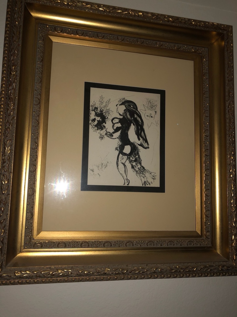 Ornate Gold Framed Black & Cream Figurative Drawing - Unbranded